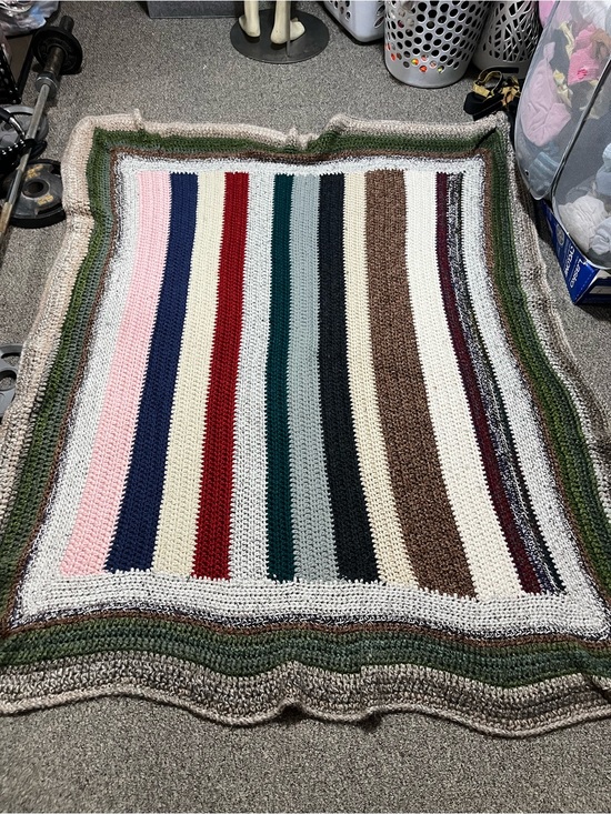 Hand Crafted Other - Handmade Big Thick Chunky Striped Crochet Blanket - Multicolor Neutral Rainbow